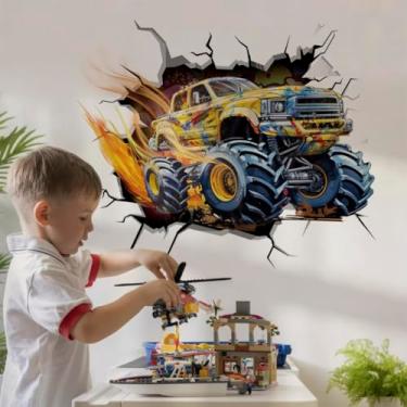 Imagem de Runtoo Adesivos de parede Monster Truck para quarto de meninos 3D carros de corrida veículos decalques de parede quarto infantil decoração de parede para sala de jogos