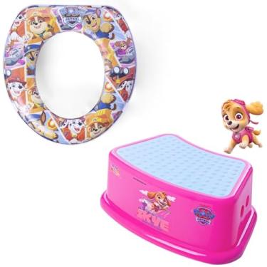 Imagem de Kit Degrau Banquinho Infantil + Redutor de Assento Patrulha Canina Colorido Antiderrapante, Confortável, Seguro e Resistente, Incentiva a Autonomia e Higiene das Crianças Ideal para Banheiro (Rosa)