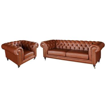 Imagem de Jogo de Sofá Chesterfield Duo Couro Conhaque Brilho