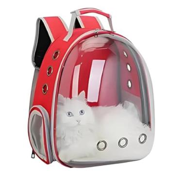Imagem de Mochila de Transporte para Pets Estilo Astronauta – Janela Panorâmica Transparente, Ventilação 360°, Base Acolchoada – Ideal para Gatos e Cães Pequenos – Conforto e Estilo para Passeios (Vermelha)