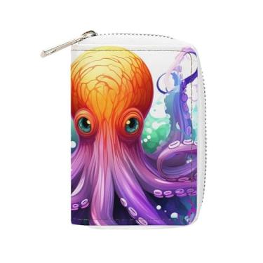 Imagem de NTVOWPZO Carteira masculina com suporte de cartão de crédito macio para cartões de visita, capa colorida de polvo com zíper
