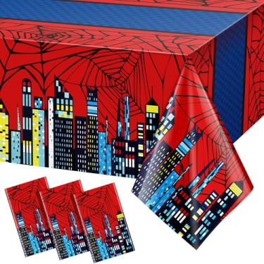 Imagem de Oudain 3 toalhas de mesa descartáveis de plástico vermelho e azul com tema de teia de aranha 274 x 137 cm, decorações de festa com tema de teia da cidade para grandes toalhas de mesa retangulares para