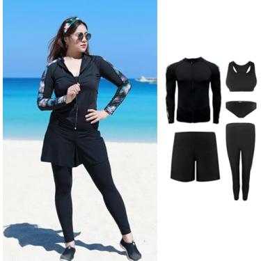 Imagem de Roupa De Mergulho Feminina Plus Size 4xl-5xl, Roupa De Mergulho 5 Peças Adicionar Fertilizante Tamanho Grande Manga Comprida Com Almofada No Peito Protetor Solar Com Zíper Elást, Black, XXL