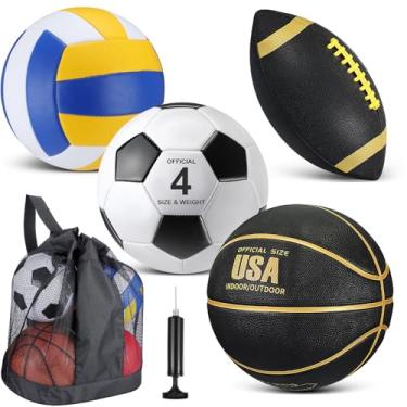 Imagem de HyDren Conjunto de 4 bolas esportivas tamanho oficial basquete, bola de futebol, vôlei com bolsa de transporte de equipamento e bomba presente para parquinho ao ar livre, crianças, adolescentes