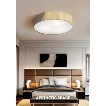 Imagem de Plafon Luminária de teto decorativa para casa, MD-3076 nórdicas em tecido e madeira 3 lâmpadas com difusor em poliestireno
