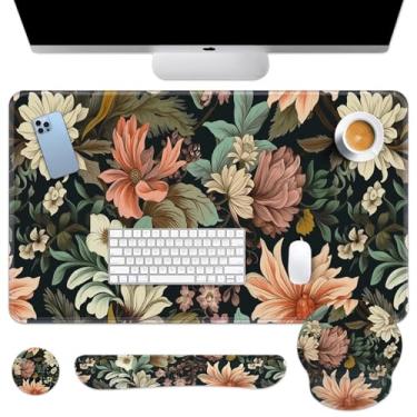 Imagem de Arttown Tapete de mesa de flores de primavera, conjunto de mouse pad colorido floral 4 em 1, design ergonômico, grande mousepad + descanso de pulso para teclado + descanso de pulso para mouse +