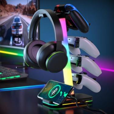 Imagem de Suporte para fones de ouvido para jogos com estação de carregamento, suporte de fone de ouvido RGB com 10 modos de luz, 4 suportes de controle com 1 porta USB e 2 portas de carregamento tipo C