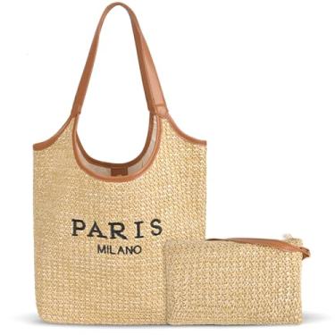 Imagem de Bolsa feminina de palha para praia – Bolsa de ombro Paris Milano de tecido para férias de verão com ráfia e carteira de pulso