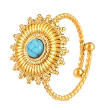 Imagem de BlingNook Anéis de ouro grossos para mulheres e homens, anel moderno de aço inoxidável boêmio com flor de sol empilhável, não mancha, pingente floral boêmio, joia aberta ajustável, presente para