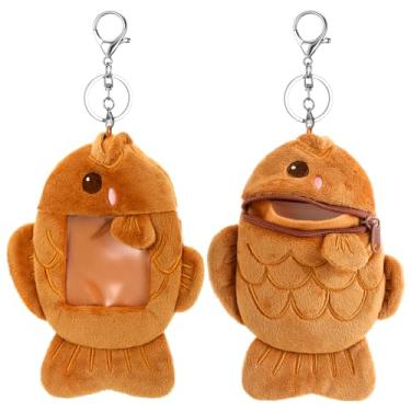 Imagem de Quzzil 2 peças de suporte de cartão de foto de pelúcia fofo com chaveiro 12,7 x 17,3 cm, capa protetora com foto de pelúcia macia com dois bolsos para vários itens de cartões com segurança (estilo