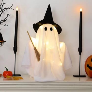 Imagem de Leinuosen Fantasmas de discoteca iluminados, decorações de Halloween, fantasmas assustadores internos com cordão de luzes, chapéus de bruxa, vassoura, decoração de mesa de Halloween para casa, festa