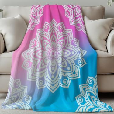 Imagem de GLOBLELAND Manta com estampa mandala, 139 × 139 cm, lótus colorido, macio, aconchegante, cobertor de flanela rosa e azul, lavável para casa, escritório, quarto, cama, sofá, cadeira, presentes