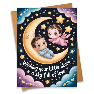 Imagem de Wishing Your Little Stars Um céu cheio de amor gêmeos chá de bebê presente de gravidez para grávidas mamãe pai recém-nascido parabéns novos pais - Tamanho 16 x 12 cm em branco dentro com envelope