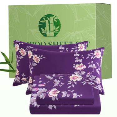 Imagem de Bedlifes Jogo de lençol Queen floral de 4 peças - lençóis refrescantes mistura raiom derivado de bambu, macio e respirável, bolso profundo 40,6 cm, resistente a vincos - Vibrante Boho Floral Roxo