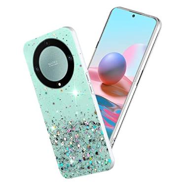 Imagem de Yarxiawin Capa de telefone para Honor Magic 5 Lite, design brilhante com glitter para Honor Magic 5 Lite, capa fina de silicone transparente, macia, estética, rosa, fofa para mulheres e meninas (verde