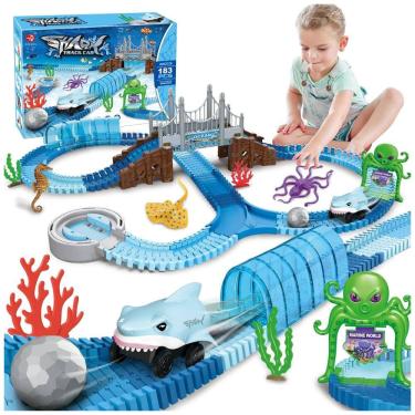 Imagem de Pista de Corrida com 183 Peças, Tema de Oceano, Carro Tubarão Flexível e Dobrável ??para Crianças Acima de 3 Anos, VATOS, Azul