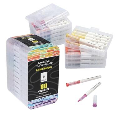 Imagem de Creative Inspirations Conjunto de marcadores de tinta acrílica - 60 cores: marcadores de acrílico à base de água para artistas com pontas de pincel flexíveis em estojo de transporte empilhado