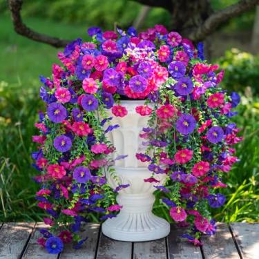 Imagem de BLISOUL 2 peças de flores artificiais para pendurar ao ar livre, glória da manhã de seda realista com videiras de eucalipto, plantas artificiais resistentes a UV para pátio, varanda, jardim, parede