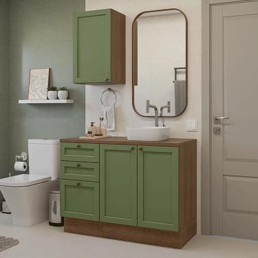 Imagem de Conjunto Gabinete para Banheiro 110cm 3 Gavetas 3 Portas Rustic/Verde Vik Madesa 01