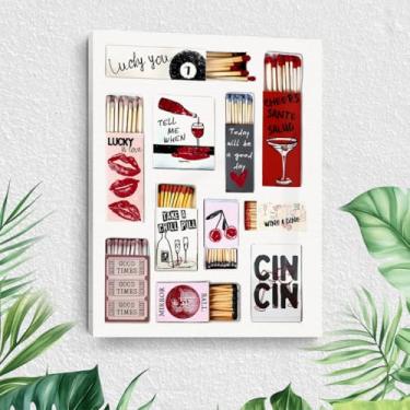Imagem de Arte de parede emoldurada rosa preppy rosa, vintage Matchbox Retro Matchbook Art Trendy Ace of Hearts Lucky You, decoração de carrinho de bar com impressão estética rosa descolada