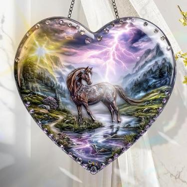 Imagem de Acrílico colorido Suncatcher, decoração de janela pendurada com cavalo com design de vitral impresso, apanhador de sol, arte de parede de arco-íris, ornamentos de Natal para uso interno e externo 19,8