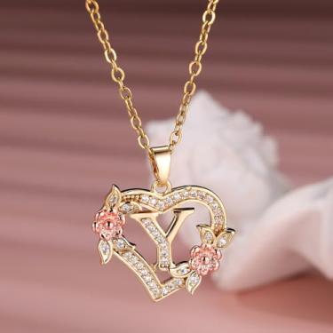 Imagem de Colar feminino com pingente de coração e flor, 26 letras, ouro de aço inoxidável - joia personalizada em tom, Onesize, Aço inoxidável, Strass