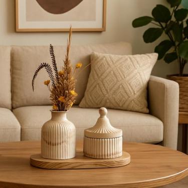 Imagem de Arranjo de Flores Sempre-Vivas Naturais em Vaso Decorativo, 15 cm, Branco com Padrão Art Déco (21)