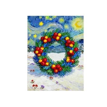 Imagem de Natal Pintura arte parede em tela-Coroa Flores Noite Estrelada-Imagem decoração moderna-Impressões Sala de Estar 60x80cm Sem Moldura