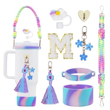 Imagem de Rabrgab Conjunto de acessórios para copos Stanley com inicial de 8 peças para 1,134 g, 850 g 590 g - Presentes para meninas adolescentes, copo de decoração com alça, enfeite de palha arco-íris