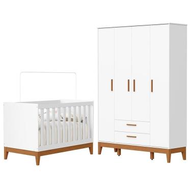 Imagem de Jogo De Quarto Infantil Flip Guarda Roupa 4 Portas E Berço Americano Branco Fosco - Reller Móveis Branco Fosco