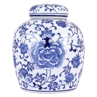 Imagem de Jarra de gengibre chinoiserie pintada à mão com tampa, vaso grande de cerâmica de porcelana azul e branca, jarra decorativa floral auspiciosa (modelo A)