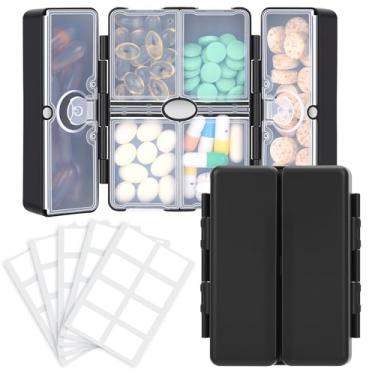 Imagem de FYY Organizador de comprimidos de viagem com etiquetas em branco, 6 compartimentos, organizador magnético de pílulas para bolso para guardar vitaminas, óleo de fígado de bacalhau, suplementos e