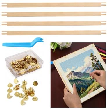 Imagem de 4 barras esticadoras para bordado com removedor de tachas, 20 tachinhas de polegar, caixa de armazenamento, barras esticadoras de 20 cm para bordado, moldura de madeira para bordado