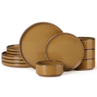Imagem de Herogo Conjunto de 12 peças de louça de grés para 4, conjuntos de louça de cerâmica para cozinha doméstica, pratos e tigelas com fundo de terracota rústico, seguro para lava-louças e micro-ondas
