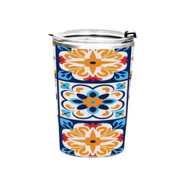 Imagem de Blueangle Copo de 340 g com tampa e canudo, copo de café com água isolada a vácuo de aço inoxidável, caneca térmica de cerâmica mexicana para bebidas quentes e frias (120)