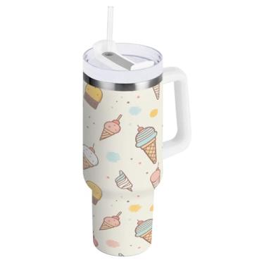 Imagem de Blueangle Copo isolado de 1,134 g com alça e tampa de canudo - Caneca de viagem de aço inoxidável à prova de vazamento, garrafa de água com padrão de sorvete a vácuo de parede dupla (596)