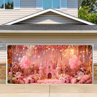 Imagem de Capa de porta de garagem de aniversário, cenário fotográfico de faixa de feliz aniversário, fundo de festa para decoração de parede interna e externa (fundo rosa, 2,1 x 4,9 m)
