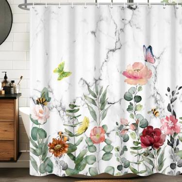 Imagem de Velaequezii Cortina de chuveiro com textura de mármore, flores, borboleta, impressa, impermeável, lavável, tecido, banheiro, decoração de banheira, conjunto de cortina de chuveiro com ganchos 182 x