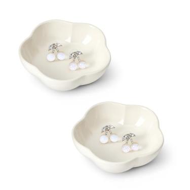 Imagem de Koythin Prato pequeno de 2 peças, anel de joias de cerâmica, tigela com suporte de chave de flores para mulheres, bandeja decorativa para cômoda, bandeja organizadora de decoração de casa (flor de