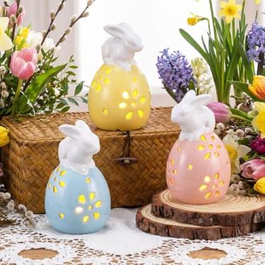 Imagem de Frienda 3 peças de estatueta de ovos de Páscoa de coelhinho de cerâmica, decoração de LED, coelho branco com ovo, ovo decorativo iluminado luminoso, pilhas incluídas, decoração de coelho de primavera