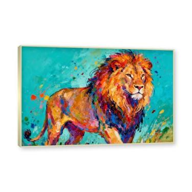 Imagem de NHLDZYH Moldura dourada. Pintura salpicada de leão pintura em tela abstrata arte animal mural vívido chama a atenção para sala de estar decoração moderna para casa. A30. 60 x 90 cm.