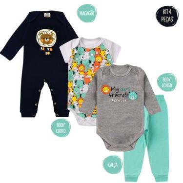 Imagem de Kit 4 peças Roupa Bebê Body Longo Curto Macacão botão de pressão Mijão