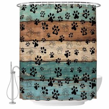 Imagem de Cortina de chuveiro preta com estampa de pata de cachorro, rústico, turquesa, marrom, madeira, tecido impermeável, conjunto de cortinas de chuveiro para banheiro, decoração de casa, lavável na máquina