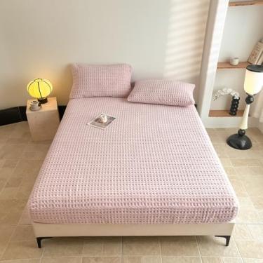 Imagem de Lençol de cama completo de tecido waffle com bolso profundo 38 cm - Lençol de cama texturizado ultramacio com elástico em toda a volta - Roupa de cama respirável de qualidade hoteleira, rosa blush