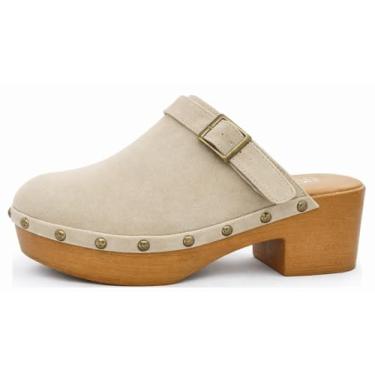 Imagem de Sapatos femininos clássicos de salto de madeira sintética sem cadarço com alça traseira opcional plataforma cravejada confortável salto baixo mule, Bege, 37