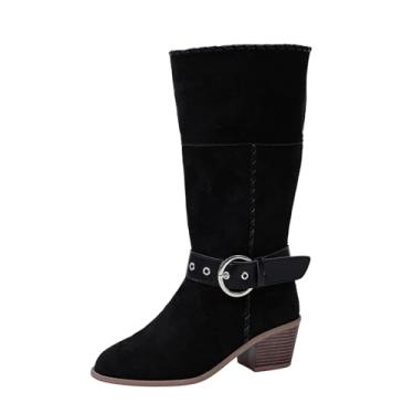 Imagem de Bota feminina casual versátil legal atraente fivela de cinto salto médio estilo cavaleiro outono e inverno confortável salto alto ocidental cano médio botas, Preto, 34