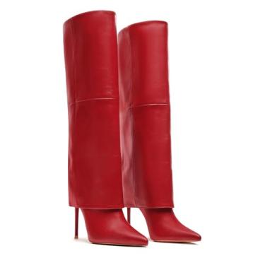 Imagem de Femflame Botas na altura do joelho dobradas – panturrilha larga, salto agulha de bico fino, botas altas, 1 vermelho, 38
