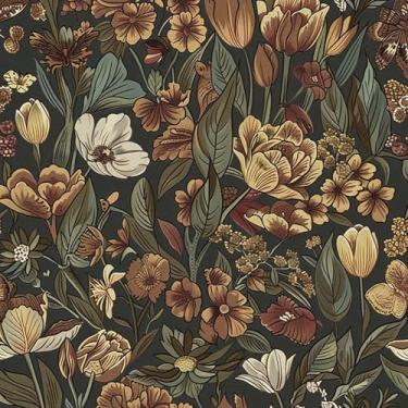 Imagem de Papel de parede floral tulipa vintage verde esmeralda escuro - papel de contato Art Nouveau removível para locatário vinil para parede completa quarto armário TV pano de fundo e grande decoração DIY