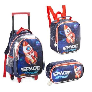 Imagem de Kit Mochila Com Rodinhas 3 PEÇAS mochila lancheira e estojo Infantil Foguete Astronauta-Unissex