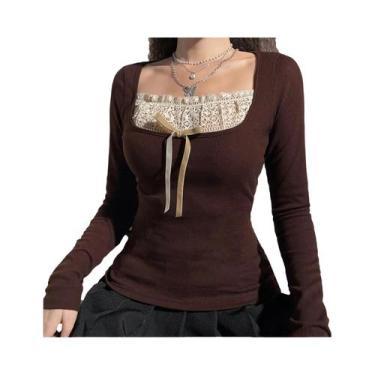 Imagem de Blusa Feminina Slim-Fit De Manga Longa Em Tricô Com Decote De Renda E 
